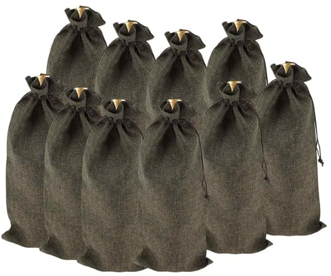 CAPASTEC Linnevinpåsar, 10 presentpåsar för vinflaskor med dragsko, flaskpåsar, återanvändbara presentpåsar för bröllop, fest, jul, Kaffefärg, Presentpåsar med dragsko