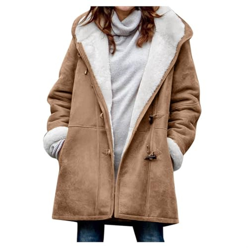 duxyoz Womens Fleece Jacket Suede Winter Coat Plush Warm Fleece Lined Coat Faux Suede Shearling Thicken Thermal Long Hoodies Elegant Overcoat Long Sleeve Sheepskin