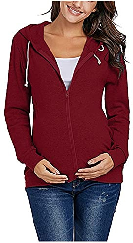 Hoodie de Maternité Sweat à Capuche Zippé Haut à Manches Longues pour Femmes Enceintes Veste Maternité Grossesse Casual Zip Up avec Poches Sweat-Shirt Couleur Unie