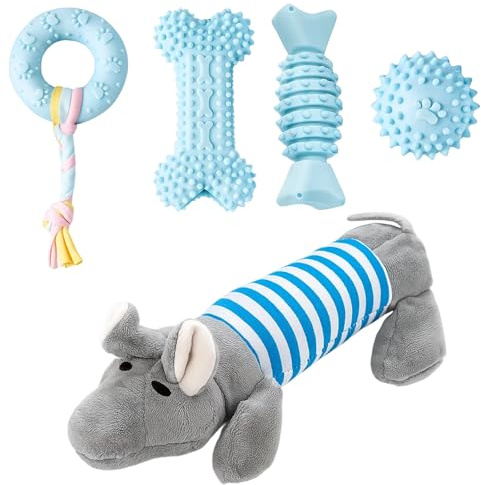 5 Pcs Puppy Chew Toys, Puppy Toys From 8 Weeks Small Dog, Puppy Toy, Set For Teething Relief And Interactive Play, Includes Elephant Toy, Hollow Bone, Footprint Circle, Squeaky Ball And Wing Bone