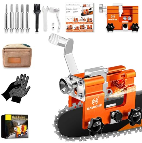 OMCCHK Chainsaw Sharpener Kit, Portable Hand Crank Chainsaw Chain Sharpener Jig, 4-22 Inch Gas & Electric Chainsaws Compatible, Chainsaw Blade Sharpener with 5 Sharpening Burrs & Carry Bag