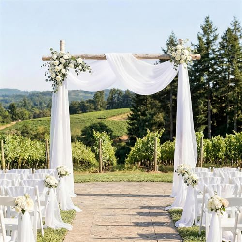 Hochzeitsbogen Gardinen Querbehang Freihanddeko Weiß 2 Stück 70x560cm Chiffon Stoff Hintergrund Vorhang Traubogen Hochzeit Deko für Hochzeiten Fotografie Party Zeremonie Bühnendekoration