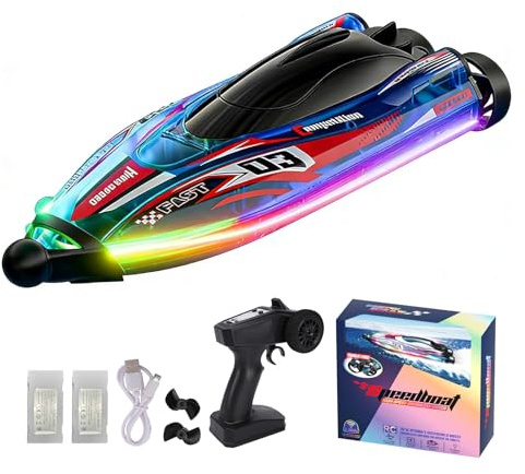 Hylukon Brushless Remote Control Boat, High Speed RC Boat for Lake Pool Water Play, Dual Motor, 360 Rotation, Colorful Lights, Self Righting (blue)