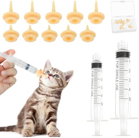 BUKLUKE husdjursmatningsset, 10 stycken silikonnipplar med 10 ml och 5 ml spruta, uppfödningsflaska för valpar hund katt eller andra husdjur, med förvaringslåda