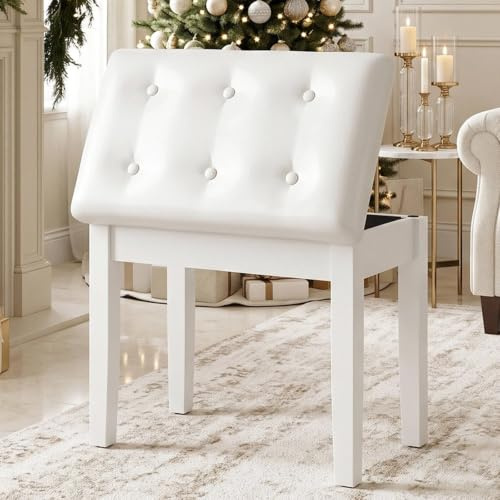 MAMIZO Pianostol, pianostol med förvaringsutrymme | Pianosits 55 x 35 x 49 cm, massiva träben, pianobänk med kudde, pianopall maximal belastning 150 kg, vit