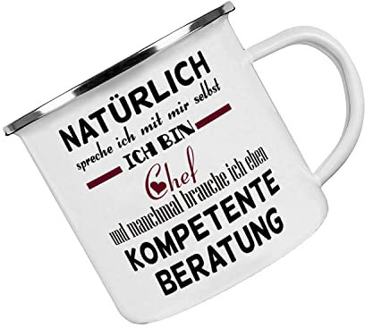 Crealuxe Emaille Tasse Natürlich spreche ich mit mir selbst -ich bin Chef - kompetente Beratung - Kaffeetasse mit Motiv, Campingtasse, bedruckte Emailletasse mit Wunschtext