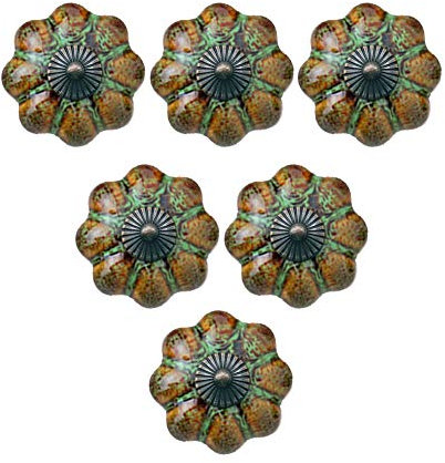 MOU Knäufe im europäischen Stil, Keramik, glasiert, Kürbisknäufe, klassisch, Vintage-Stil, für Schrank, Schublade, Grün, 6 Stück