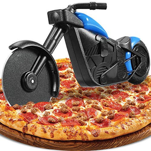 Roulette à Pizza Moto, Nouveauté Coupe Pizza de Moto Trancheuse de Roue de Pizza, Couteau à Pizza en Acier Inoxydable, Lames Tranchantes avec Revêtement Antiadhésif et Béquille Noël Cadeaux (Bleu)