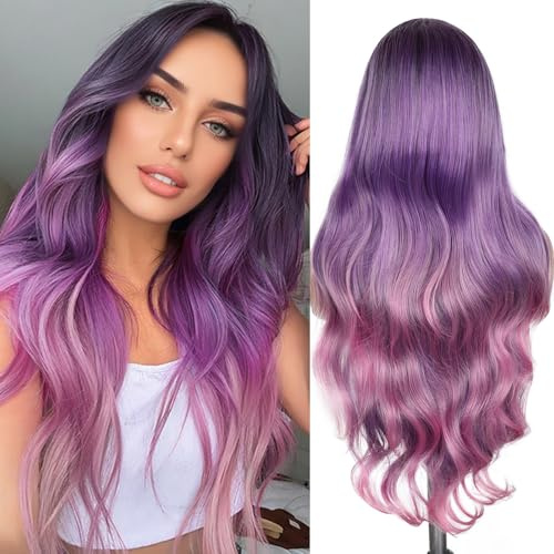 FAVE Perruque Longue Dégradé Violet Rose 70 cm avec Racines Foncées, Fibres Synthétiques Résistantes à la Chaleur, Pour Cosplay Rumi