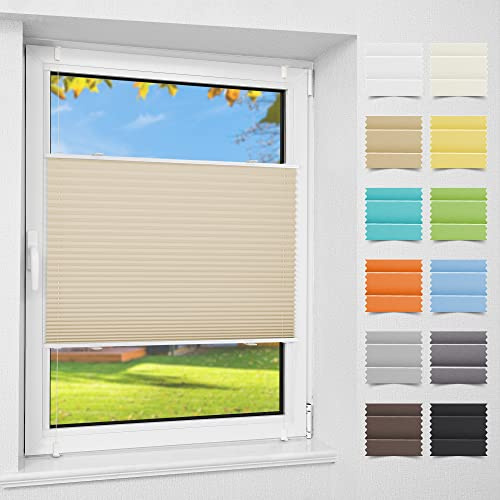 Atlaz Plissee Klemmfix ohne Bohren, 55x110cm(BxH), Crème, Plisseerollo Fensterrollo mit Klemmträger, Faltrollo Jalousie für Fenster und Tür, Blickdicht, Sichtschutz und Sonnenschutz