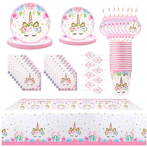 Opopark 81 Stück Einhorn Partygeschirr Set, Geburtstag Partygeschirr Einhorn Teller Set Einhorn Geburtstagsdeko Party Supplies für Mädchen Kindergeburtstag