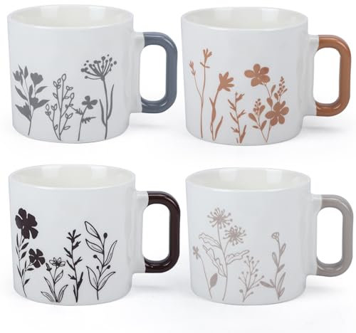 EYMPEU Keramikbecher-Set mit Blumenmuster, 4-teilig – Elegante Kaffeetassen, 440 ml, mikrowellen- und spülmaschinenfest, ideal als Geschenk