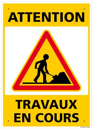 Signalétique.biz France - Panneau Attention, Travaux En Cours Alu 2 Mm - 300 X 420 Mm Signalisation Rectangulaire Prépercée Avec Kit De Fixation Fabrication Française