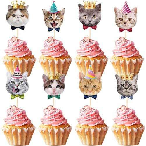 SAMOKA Pet Cat Cupcake Toppers,24 PCS Cats Cake Topper,Cat Birthday Decorations,Cat Party Decorations