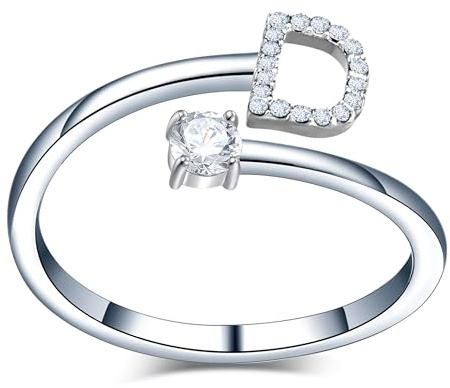 Only faith Anillos de letras iniciales Brillantes Zirconia cúbica Incrustada con acero inoxidable ajustable, Anillos abiertos de letras para mujer, joyería de moda circonita (D - PLATEADO)