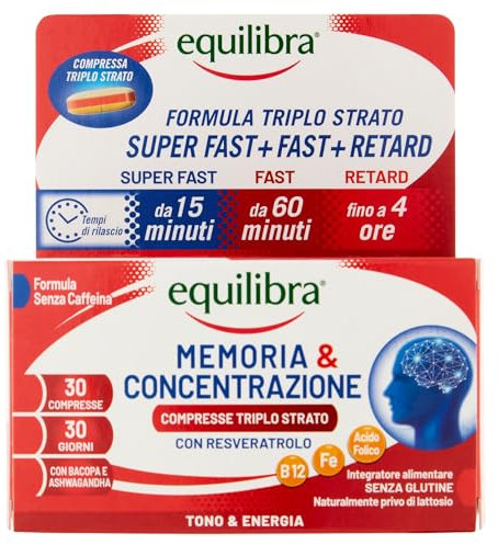 Equilibra, Memoria e Concentrazione, 30 Compresse Triplo-Strato, con Ferro, Zinco, Ashwagandha, Bacopa e Resveratrolo, Integratore Multivitamine e Minerali, Rilascio Graduale, Senza Caffeina