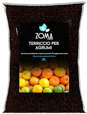 ZOMA Terriccio per Agrumi professionale Con Ph Leggermente Acido - Terriccio agrumi Concimato naturalmente con il 20% di Humus Di Lombrico - Sacco 6 Lt