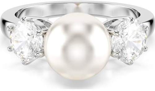 Swarovski Matrix Cocktailring, Weißer, Rhodinierter Ring mit Kristallperle und Strahlenden Kristallen im Rundschliff