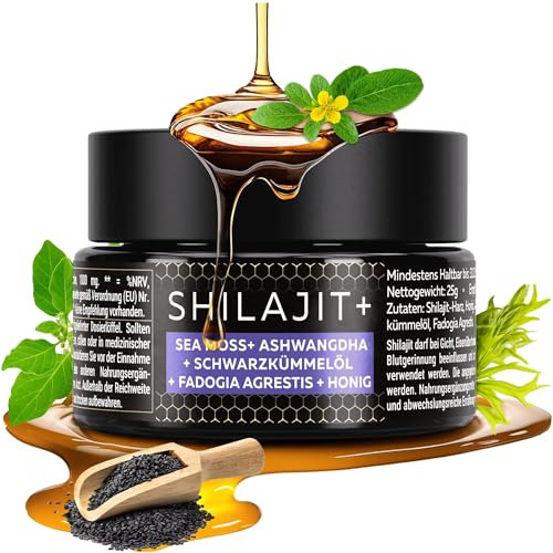 Shilajit Sea Moss Ashwagandha Schwarzkümmelöl Fadogia Agrestis & Manuka Honig 25g – 82% Fulvinsäure Mumijo Shilajit Hochdosiert I Natürlicher Geschmack I 60 Tage Sonnen-Trocknung