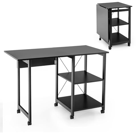 COSTWAY Scrivania Pieghevole per Computer, Scrivania Moderna con 2 Mensole, Postazione di Lavoro per PC con 6 Ruote, Scrivania Compatta Salva Spazio per Casa Ufficio, Marrone (Nero)