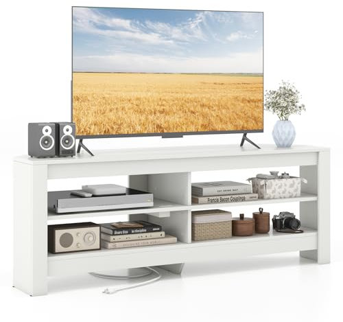 GIANTEX TV-Schrank Eckschrank mit Ladestation, Fernsehschrank Fernsehtisch TV Ständer für TVs bis 65 Zoll, TV Lowboard mit 4 offenen Fächern, TV Kommode Eckkommode Sideboard 140x40x49,5 cm (Weiß)