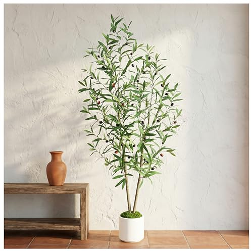 Artificial Olive Tree 5FT Tall Faux Olive Silk Plant with White Planter, Artificial Plants Home Office Decor Indoor Fake Potted Tree with Natural Wood Trunk and Lifelike Fruits Housewarming Gift