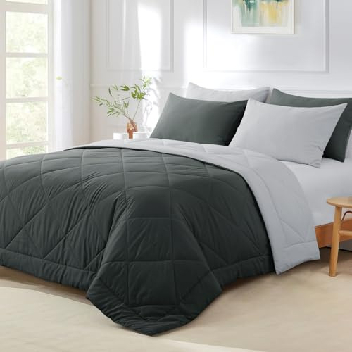Aisbo Coverless Duvet Double 4.5 Tog - 200 x 200cm, Dark Gray Summer Duvet, Cosy and Lightweight Quilt, Reversible Comforter with 2 Pillowcases, Dark Grey/Light Grey