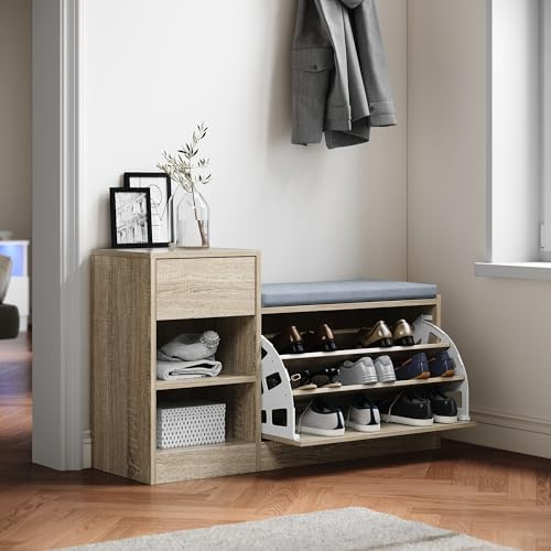 SIRHONA Meuble Chaussure, Banc Chaussures entrée avec Coussin Confortable, avec Abattant et Tiroir, 94,5x30x57cm