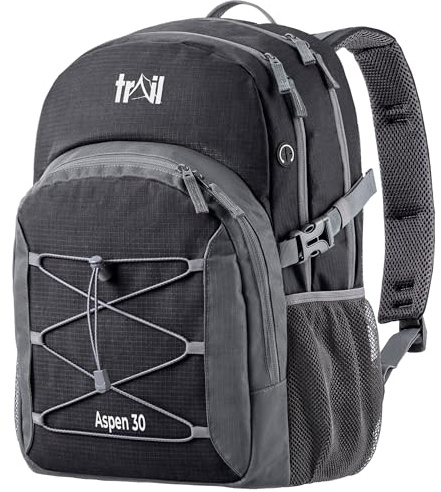 Trail Aspen 30L Day Pack Backpack for School Work Hiking Camping Travelling, Breathable Padded Back & Straps, 3 Zip Compartments, Internal Pockets, Bungee Cords, USB/Headphone Port, Water Resistant