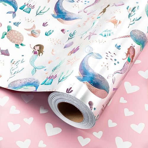 Wikadlik Wrapping Paper Roll, 43cm x 10m Metallic Silver Shine Mermaid Pink Heart Pattern Gift Wrap Paper for Birthday, Summer, Sea Theme, Holiday