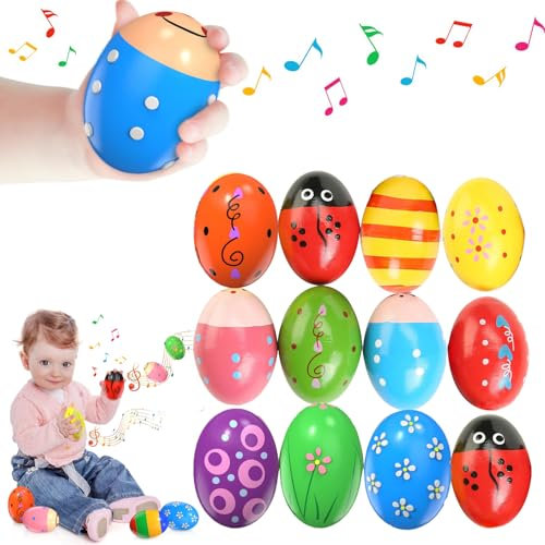 Norhogo 12 Stück Holz Eier Maracas Eier Shaker Set, Osterei Maracas, Percussion Musical Easter Maracas Egg Shakers, rasseleier baby, eier rasseln, musikeier baby für Babys und Kleinkinder Spielgeräte