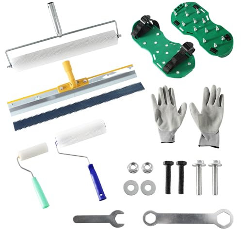 Hanured® Kit d'outils de ciment autonivelant, Chaussures à crampons pour sols époxy, Rouleau à pointes pour l'autonivelage, pour Niveler les Murs du Sol Composé