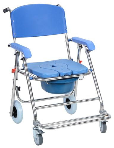 3-in-1 Commode Toilet Chair,Rolling Mobile Toilet Commode Shower Chair,Height Adjustable Bedside Commode with Removable Pot Folding Pedal for Elder Disabled People Soft seat