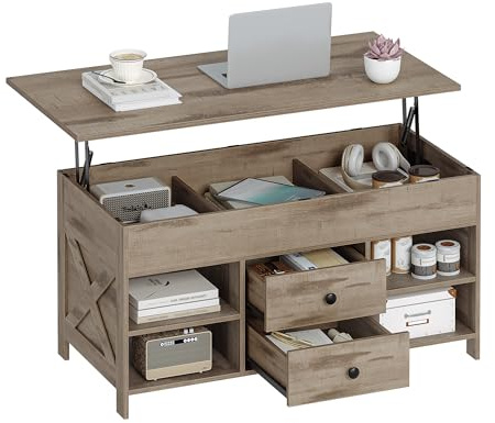 Hzuaneri Couchtisch, höhenverstellbarer Wohnzimmertisch, Sofatisch, 2 Schubladen und Versteckter Stauraum, 50 x 100 x 47,3-61,3 cm, für Wohnzimmer, Esszimmer, Büro, Kamelbraun-Schwarz CT22123B
