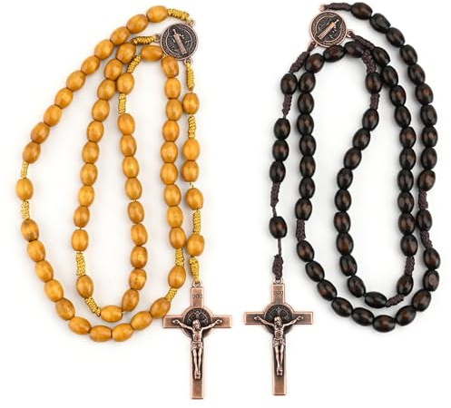 Satiskid 2pcs Wood Rosary Necklace, Handcrafted Prayer Beads with Metal Cross, Catholic Cross Necklace, Catholic Prayer Beads for Daily Devotion, Religious Gift Set For Easter