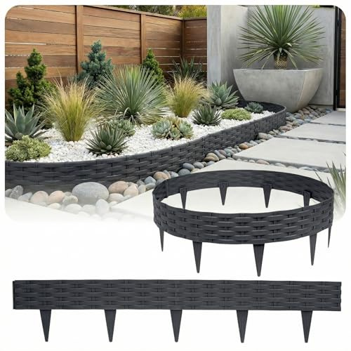 Bordure de Jardin Imitation Rotin 10 m, Lot de 10 Panneaux, Clôture Extérieure Flexible et Décorative, Installation Facile pour Gazon, Allée, Anthracite