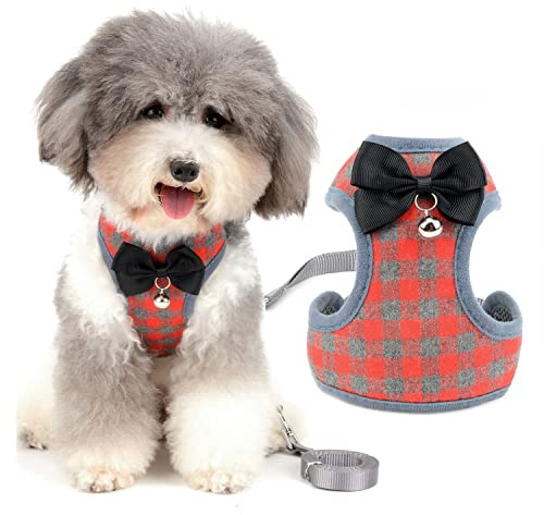 Zunea Harnais et Laisse pour Petit Chien Anti Traction avec nœud Papillon et Cloche de sécurité pour Chiot Chihuahua Yorkshire, Anti-Fuite Reglable Harnais pour Chats/Chaton Rouge M