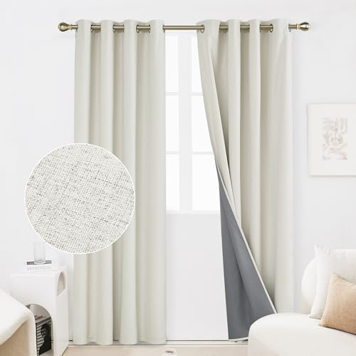 Deconovo Christmas Decorations Full Blackout Curtains Thermal Insulated Energy Efficiency Eyelet Bedroom Blackout Curtains with Coating Back Layer 52 x 90 Inch Greyish White 1 Pair