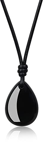 COAI Collana da Uomo e da Donna con Pendente Goccia in Ossidiana, Collana di Ossidiana Nera Unisex con Cordino in Pelle Regolabile