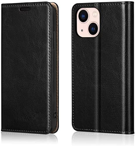 Altanus Plånboksfodral för iPhone 13, äkta läder folio-fodral [kortplatser] [magnetisk stängning] [RFID-blockering] [TPU stötsäker] flip-skydd kompatibel med iPhone 13 6,1 tum 5G 2021, svart