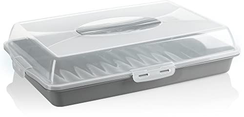 com-four® Kuchenbehälter - Transportbox für Kuchen und Lebensmittel - Aufbewahrungsbehälter mit Deckel und Tragegriff - Serviertablett grau (01 Stück - Design 2 grau)