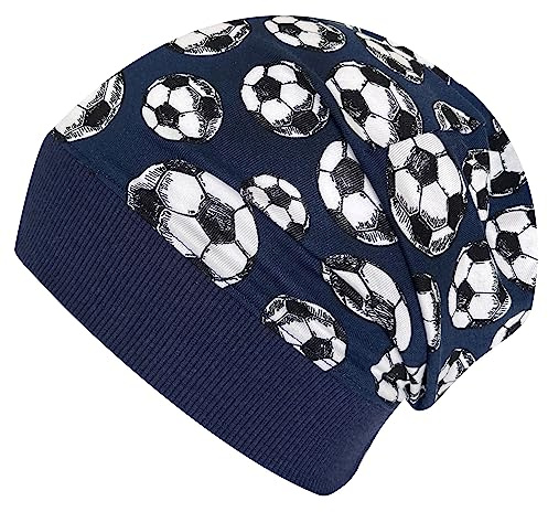 Wollhuhn ÖKO 20160204 Bonnet léger en jersey de coton pour garçon/fille - Nombreux motifs (en tissus écologiques, bio) - 20160204 (fabriqué en tissus écologiques, Ballon de football bleu foncé, 52-54