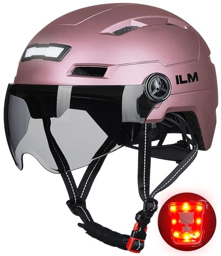 ILM Fahrradhelm mit Visier und LED Licht Mountain&Road Fahrradhelme für Damen und Herren Fahrradhelm für Pendeln in der Stadt E3-10L,Rosa L-XL