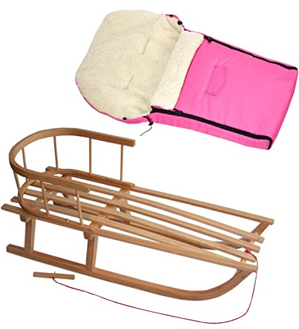 Kombierbjudande träsläde med ryggstöd och dragrep + universell vinteråksäck (90 cm), även lämplig för babystol, barnvagn, buggy, lammull, uni (rosa + släde)