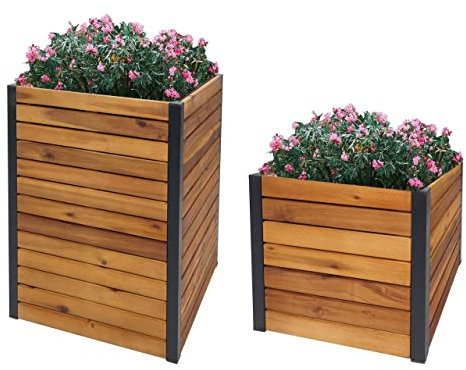2er-Set Pflanzkasten HWC-L23, Hochbeet Pflanzkübel Blumenkasten, Outdoor Akazie Holz FSC®-Zertifiziert Aluminium braun