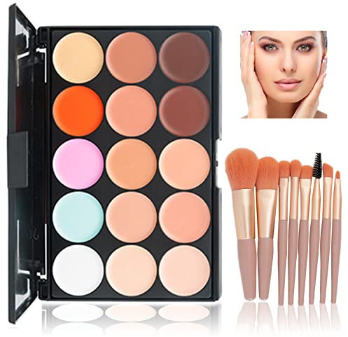 WishesMar Palette Correttori 15 Colori Concealer Crema Camouflage Make Up Palette con 10 Pezzi Pennello da Trucco Adatto per Uso Professionale e Quotidiano #C