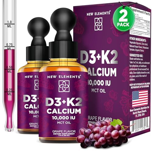 New Elements [2 𝐏𝐚𝐜𝐤] Liquid Vitamin D3 K2 Drops with Calcium for Adults | Vitamin D3 10,000 IU | D3 K2 with Calcium for Bone Health & Immunity Support | Joint Health Supplement | Non-GMO | Vegan