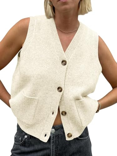 Saodimallsu Pull sans manches pour femme - Coupe ample - Gilet en tricot - Bouton en V - Tricot tendance et décontracté - Avec poches, beige, S
