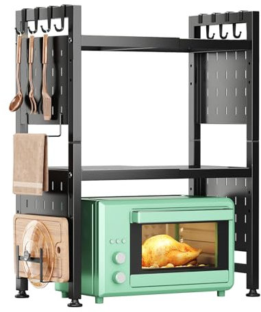 Kitstorack Mikrowellen Regal Mikrowellenschrank Organizer Stehend für Küche Arbeitsplatte Organisator Backregale mit 8 Haken and Schneidebrettständer, Erweiterbar 44-70cm, Schwarz, 2 Etagen