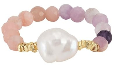 HeyMeili Anillo elástico de piedra natural, anillo ajustable bohemia con perla de agua dulce y fosfosidérita y ópalo rosa para mujer
